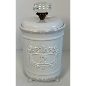 Mud Pie White Ceramic Number 2 Footed Canister with Glass Knob Lid  Cottage